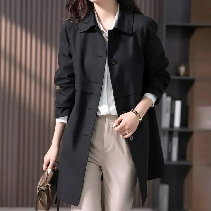 Women's Longline Button-Front Structured-Collar Trench Coat - Black