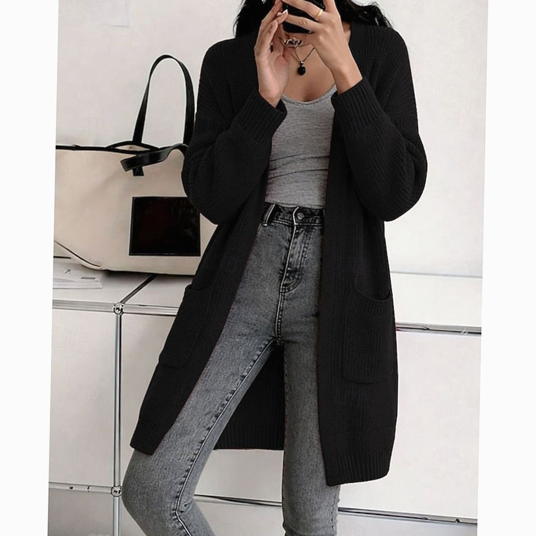 Women's Longline Open-Front Ribbed Knit Cardigan - Black