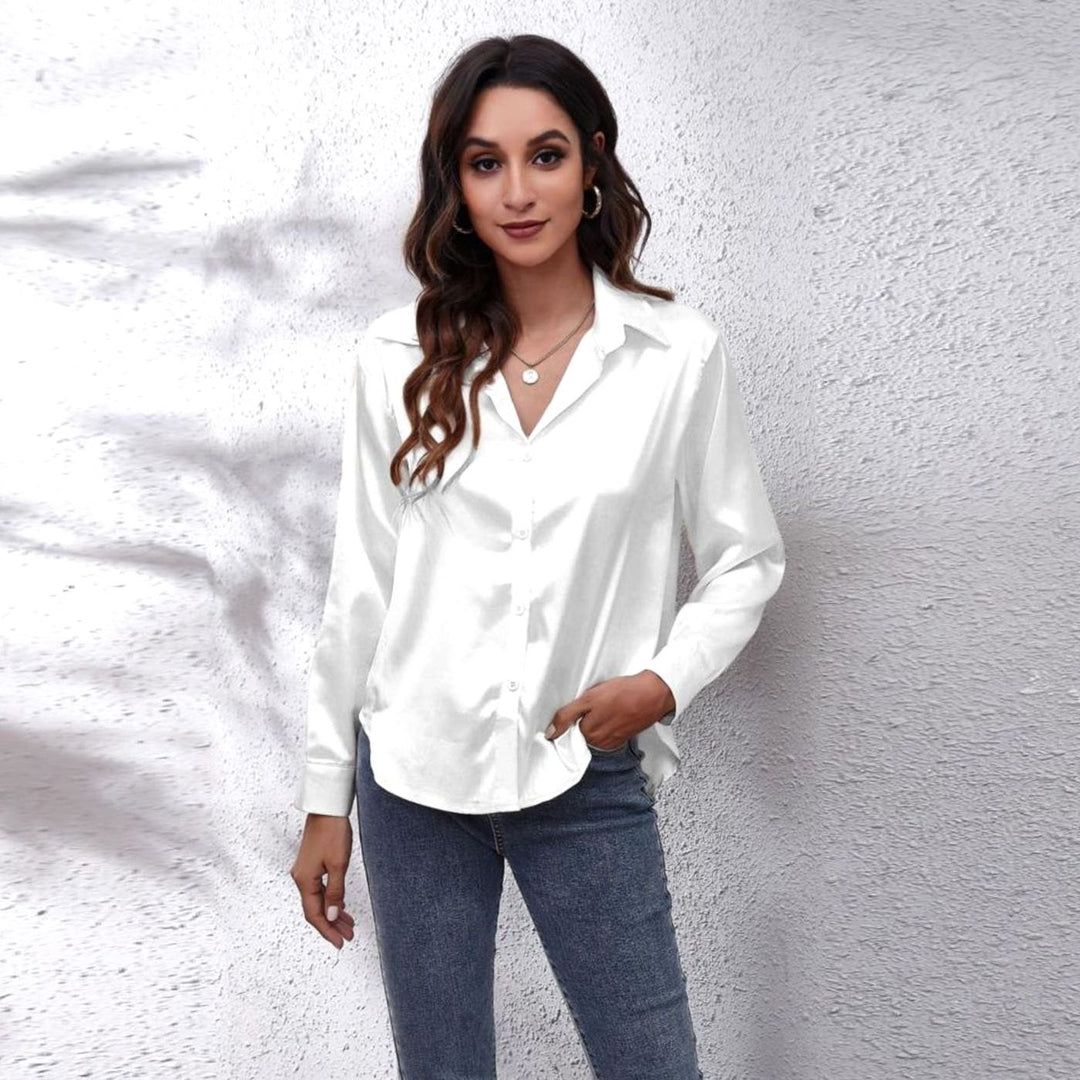 Women's Loose-Fit Button-Down Long-Sleeve Satin Blouses - White