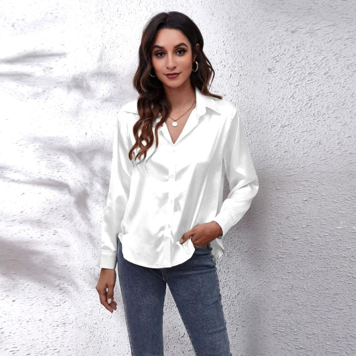 Women's Loose-Fit Button-Down Long-Sleeve Satin Blouses - White