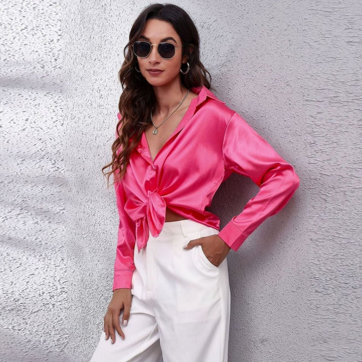 Women's Loose-Fit Button-Down Long-Sleeve Satin Blouses - Pink
