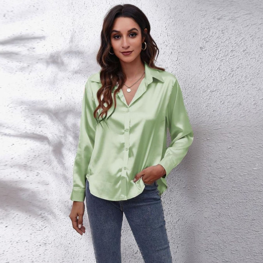 Women's Loose-Fit Button-Down Long-Sleeve Satin Blouses - Light Green