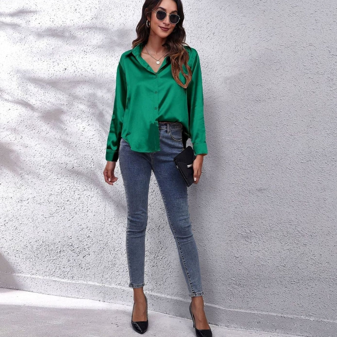 Women's Loose-Fit Button-Down Long-Sleeve Satin Blouses