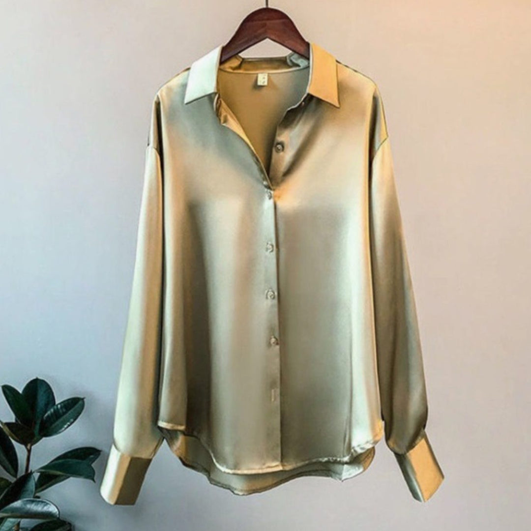 Women's Loose-Fit Button-Down Satin Blouse Long Sleeve - Olive Green