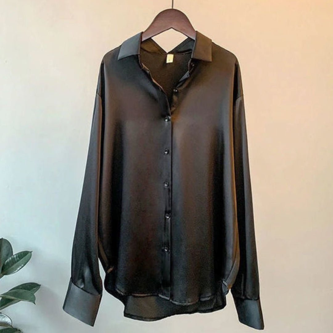 Women's Loose-Fit Button-Down Satin Blouse Long Sleeve - Black