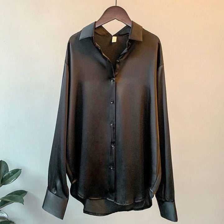 Women's Loose-Fit Button-Down Satin Blouse Long Sleeve - Black