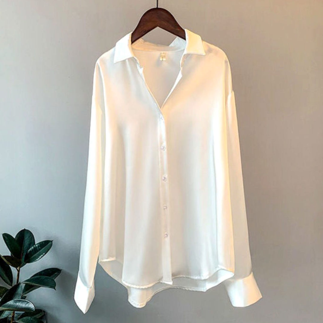Women's Loose-Fit Button-Down Satin Blouse Long Sleeve - White