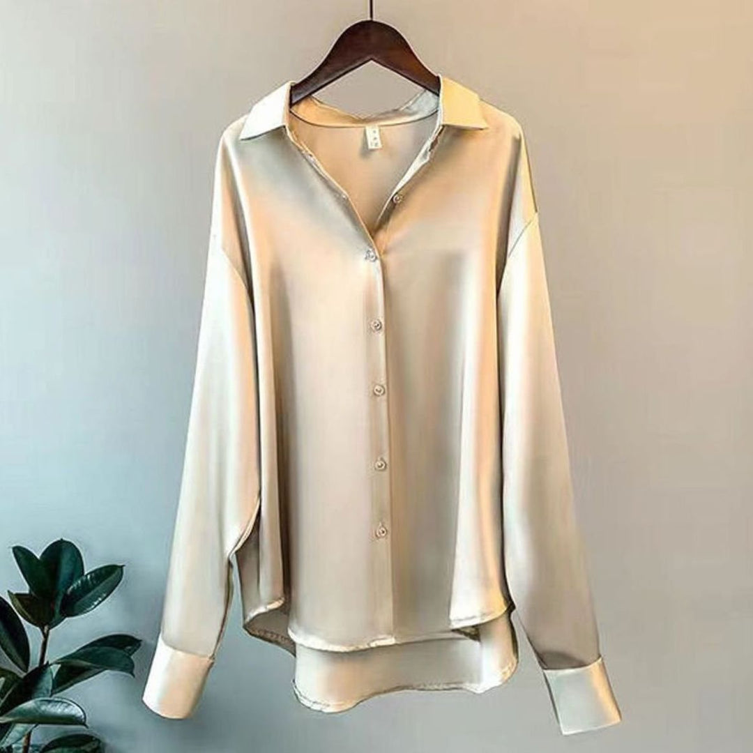Women's Loose-Fit Button-Down Satin Blouse Long Sleeve - Beige