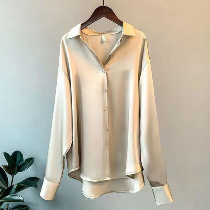 Women's Loose-Fit Button-Down Satin Blouse Long Sleeve - Beige
