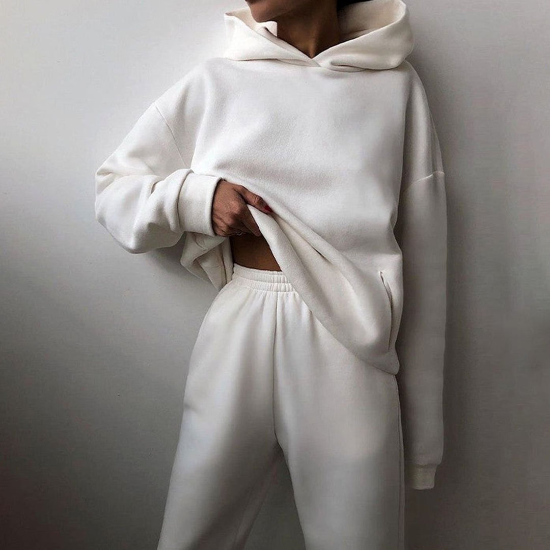 Women's Loose-Fit Hoodie Jogger Two-Piece Set - White