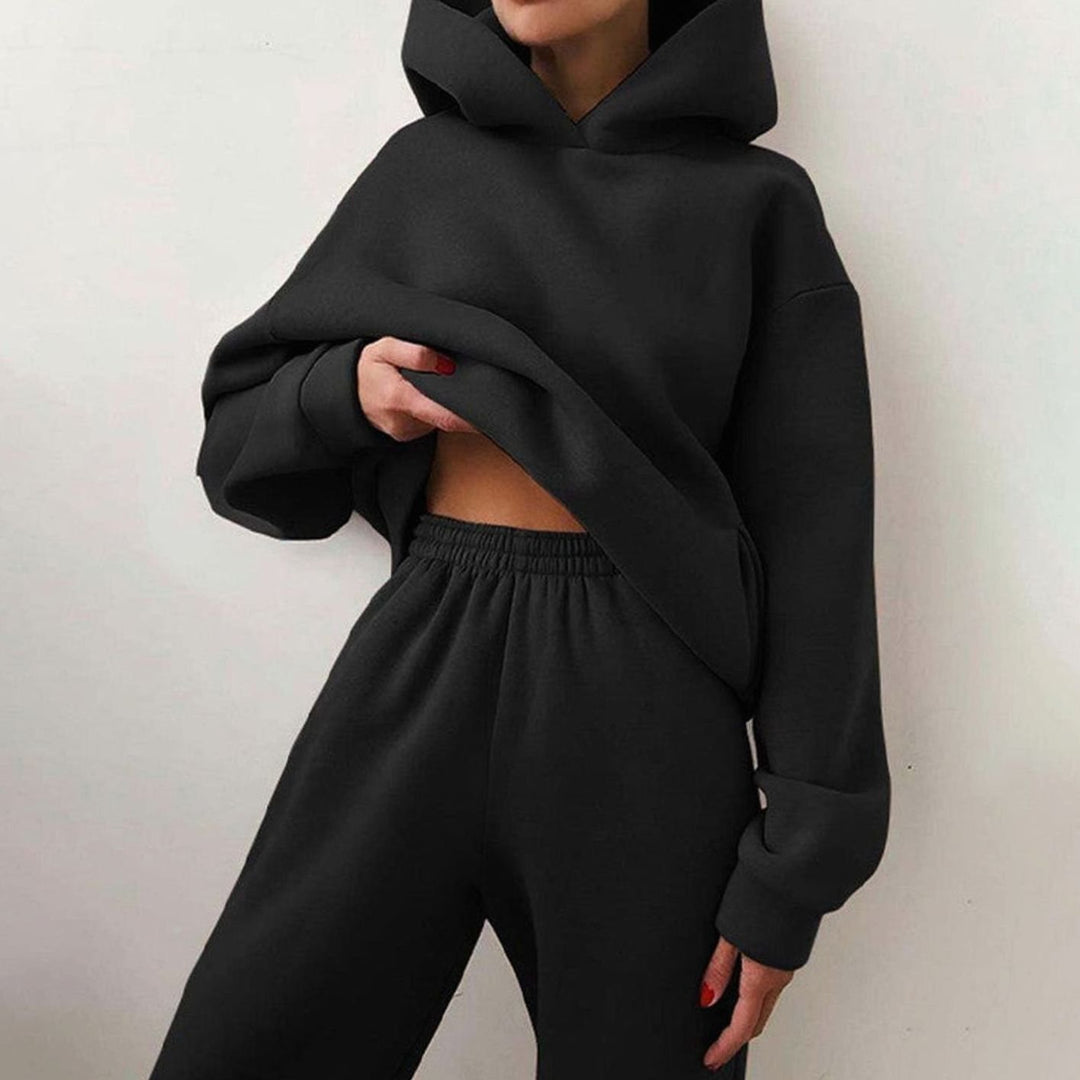 Women's Loose-Fit Hoodie Jogger Two-Piece Set - Black