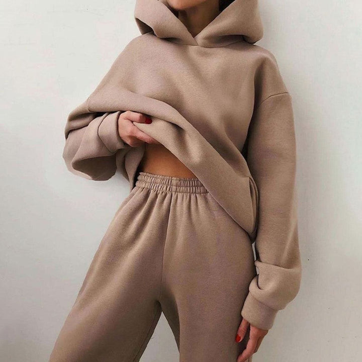 Women's Loose-Fit Hoodie Jogger Two-Piece Set - Khaki