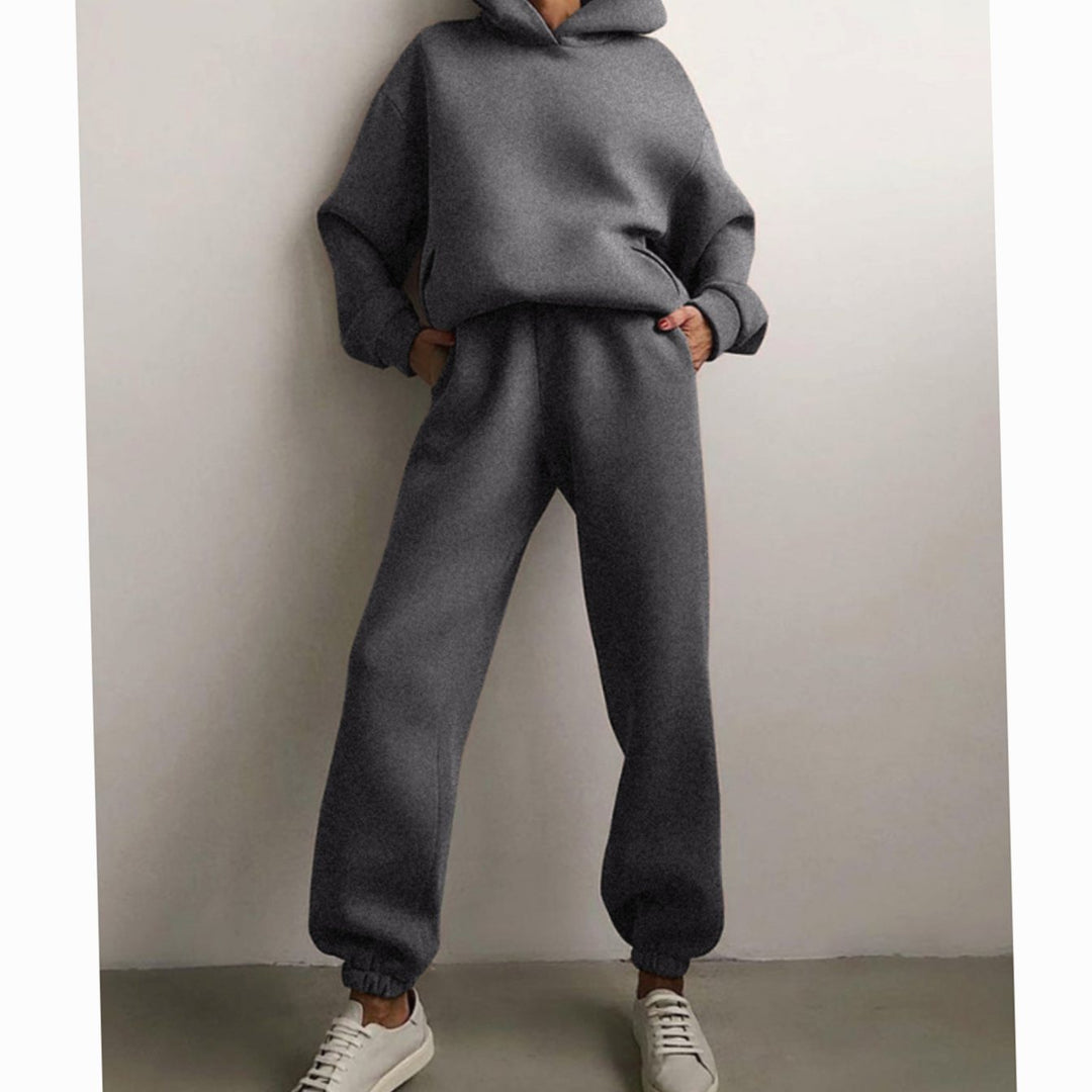 Women's Loose-Fit Hoodie Jogger Two-Piece Set - Dark Grey