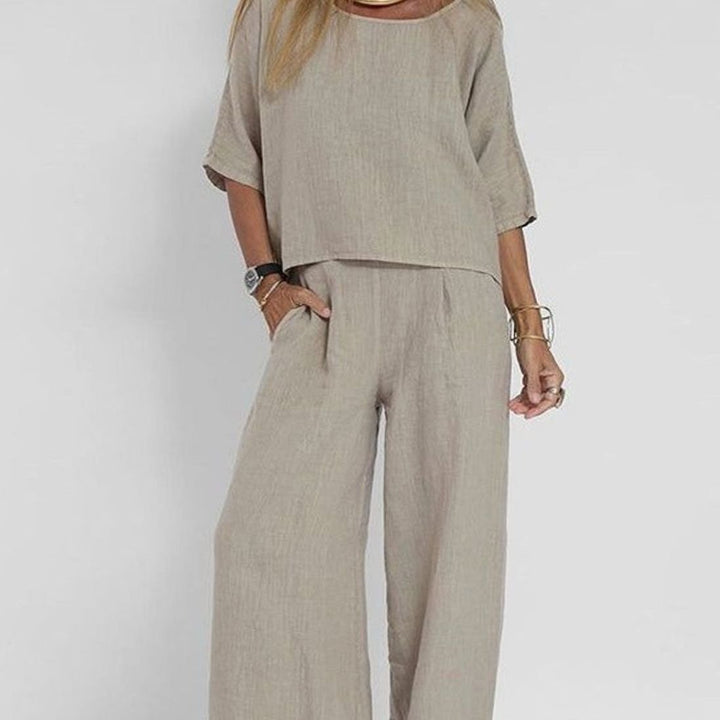 Women's Loose-Fit Linen-Look Matching Outfit Two-Piece Set - Light Gray