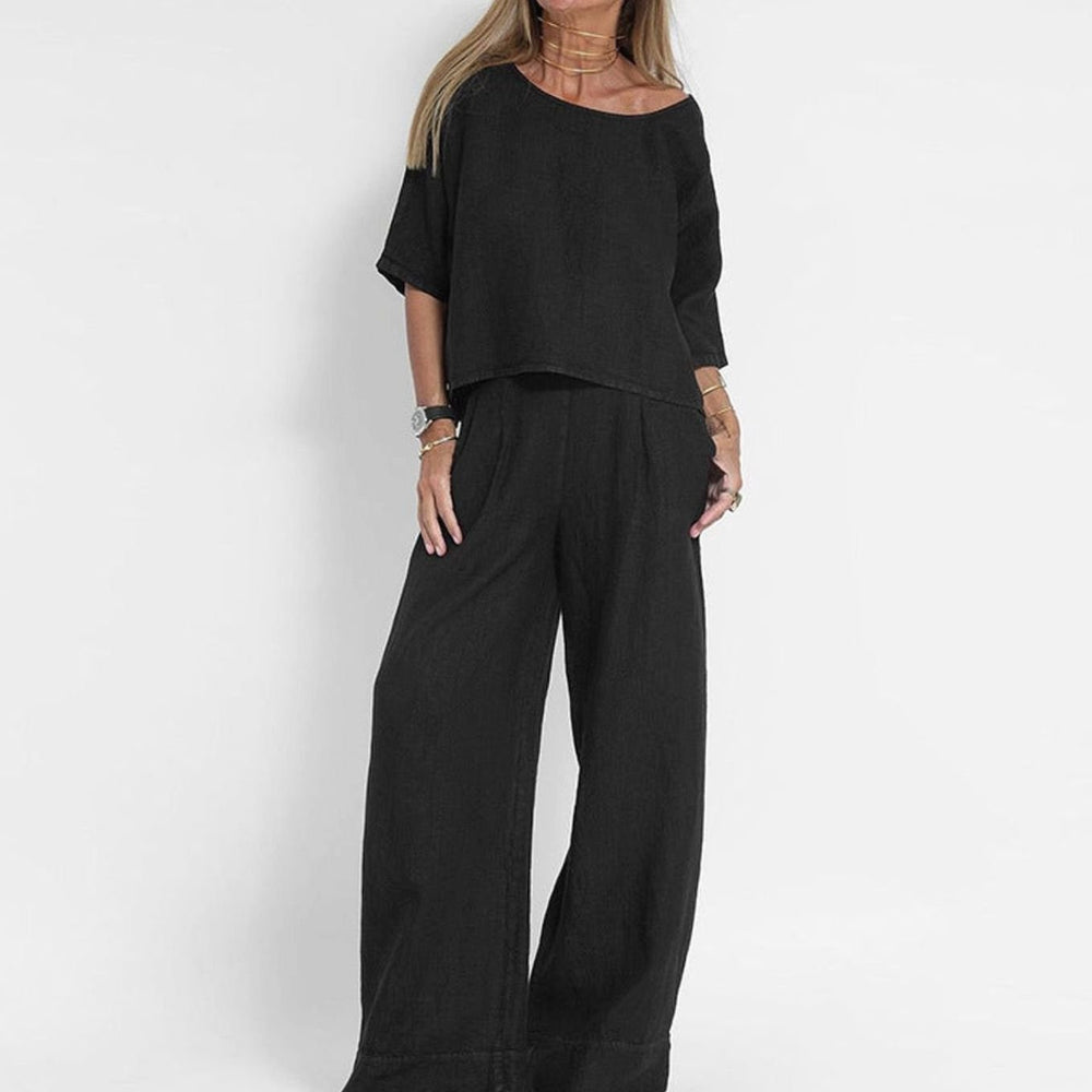 Women's Loose-Fit Linen-Look Matching Outfit Two-Piece Set - Black