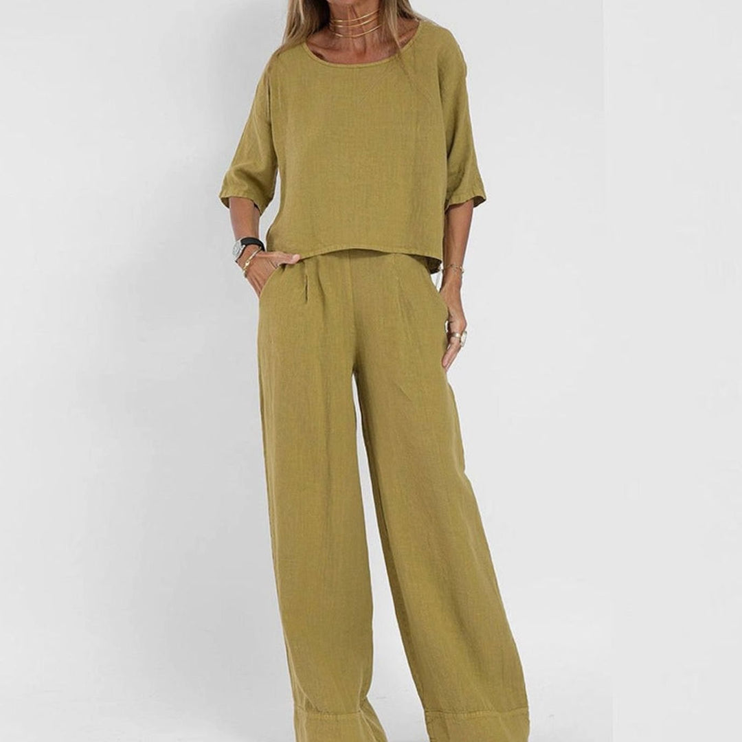 Women's Loose-Fit Linen-Look Matching Outfit Two-Piece Set - Yellow