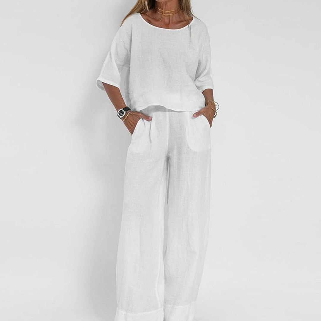 Women's Loose-Fit Linen-Look Matching Outfit Two-Piece Set - White