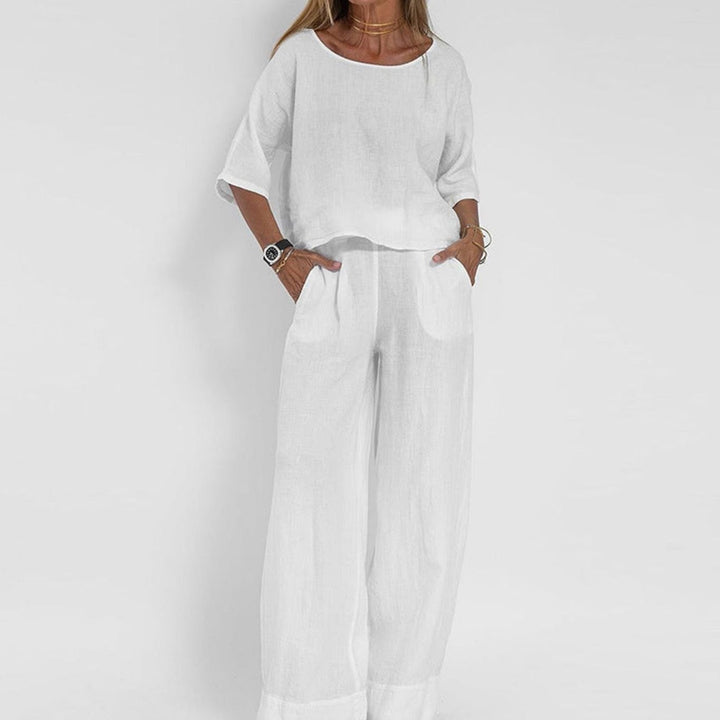Women's Loose-Fit Linen-Look Matching Outfit Two-Piece Set - White