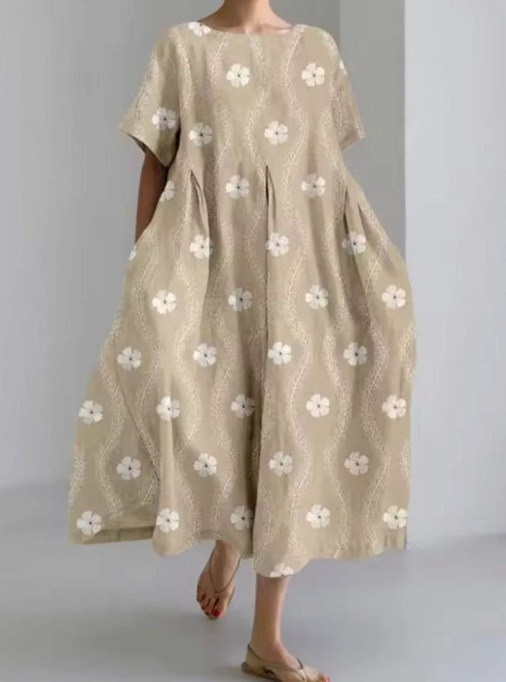Women's Loose Floral Applique Round Neck Midi Dress - Floral Brown