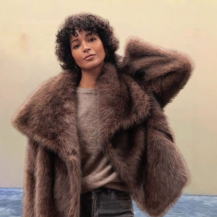 Women's Luxury Faux Fur Coat Oversized-Collar Cropped Jacket - Coffee