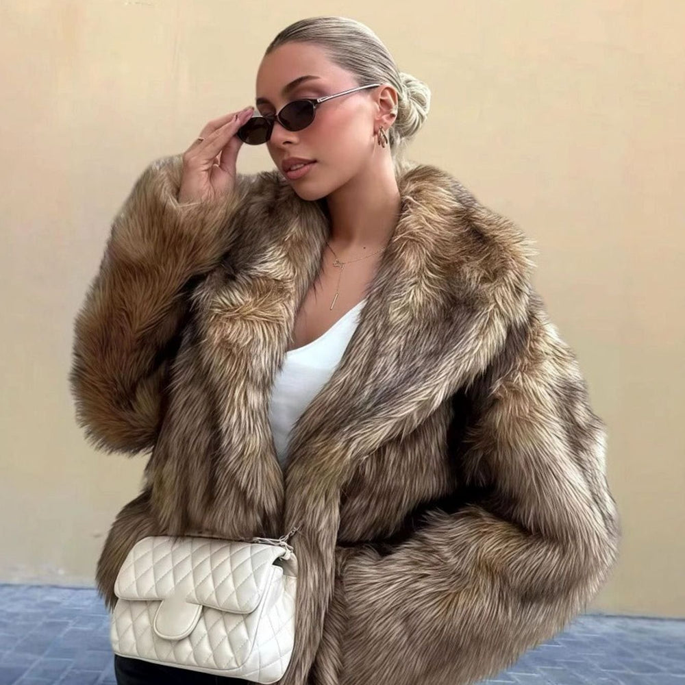 Women's Luxury Faux Fur Coat Oversized-Collar Cropped Jacket - Brown