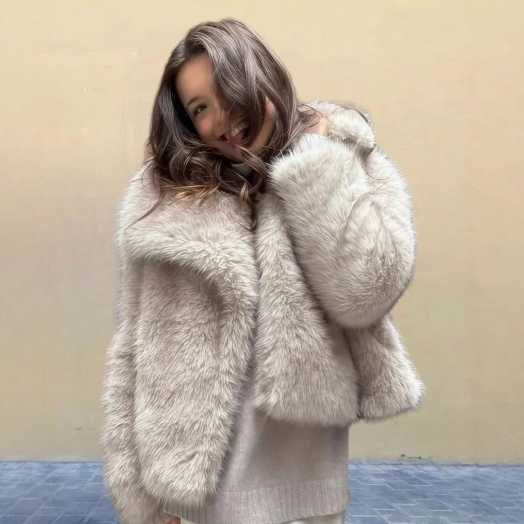 Women's Luxury Faux Fur Coat Oversized-Collar Cropped Jacket - White