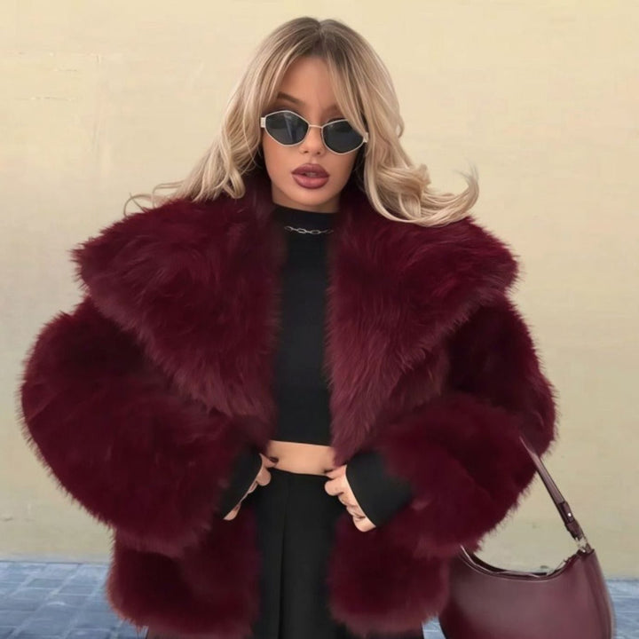 Women's Luxury Faux Fur Coat Oversized-Collar Cropped Jacket - Burgundy