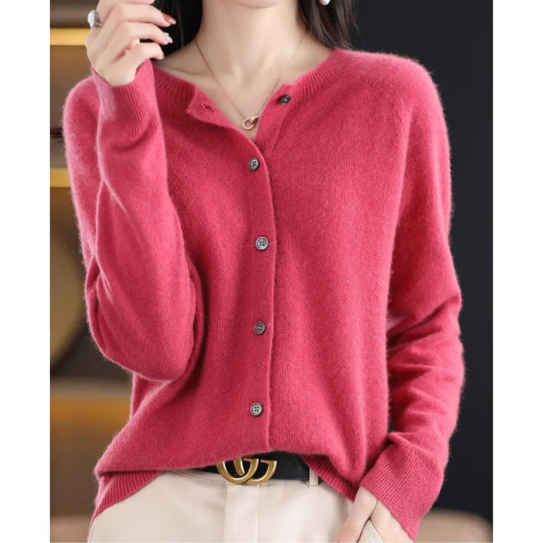 Women's Merino Wool Button-Front Knit Cardigan Sweater - Dark Pink