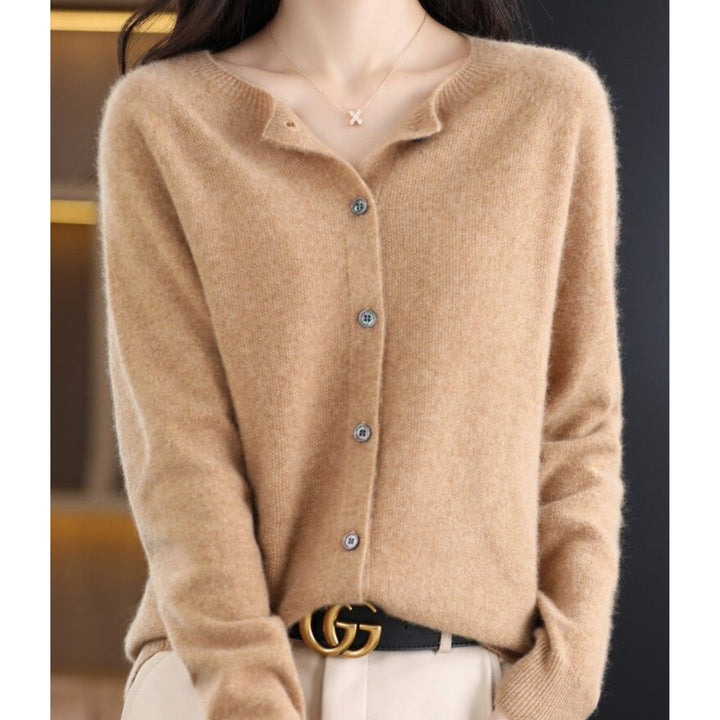 Women's Merino Wool Button-Front Knit Cardigan Sweater - Light Brown