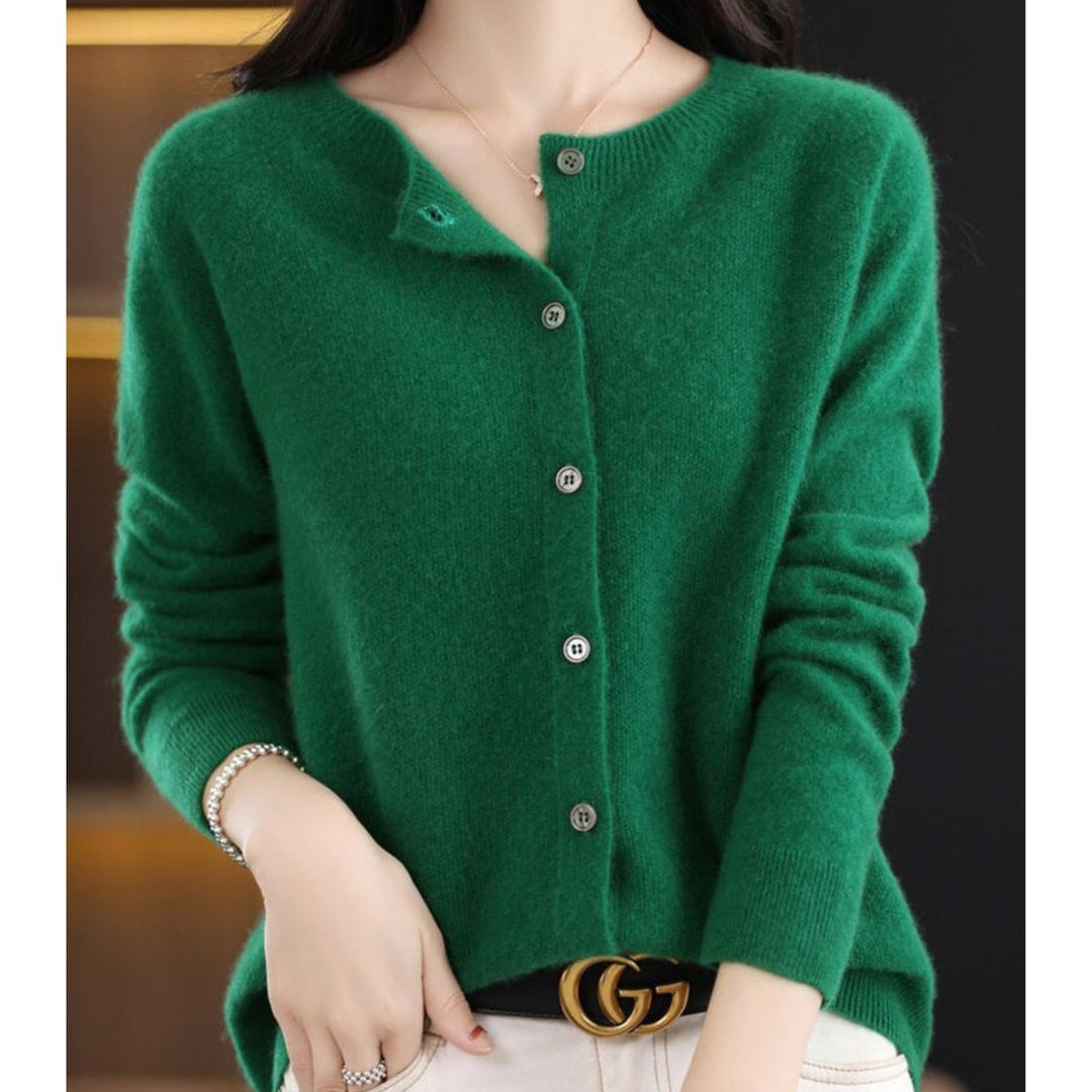 Women's Merino Wool Button-Front Knit Cardigan Sweater - Dark Green