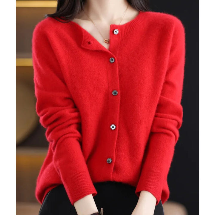 Women's Merino Wool Button-Front Knit Cardigan Sweater - Red