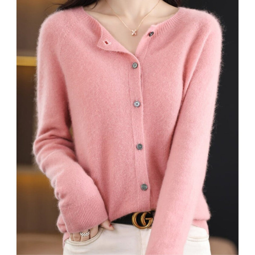 Women's Merino Wool Button-Front Knit Cardigan Sweater - Light Pink