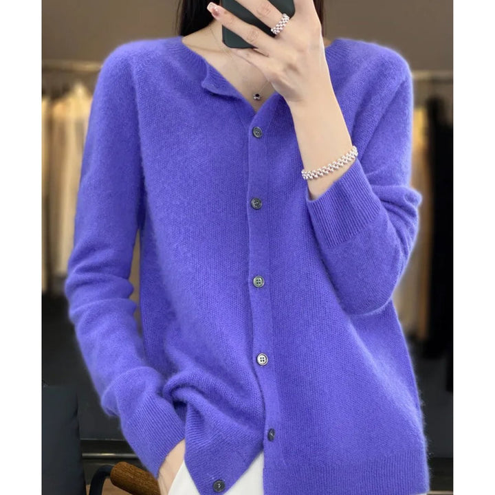 Women's Merino Wool Button-Front Knit Cardigan Sweater - Dark Blue