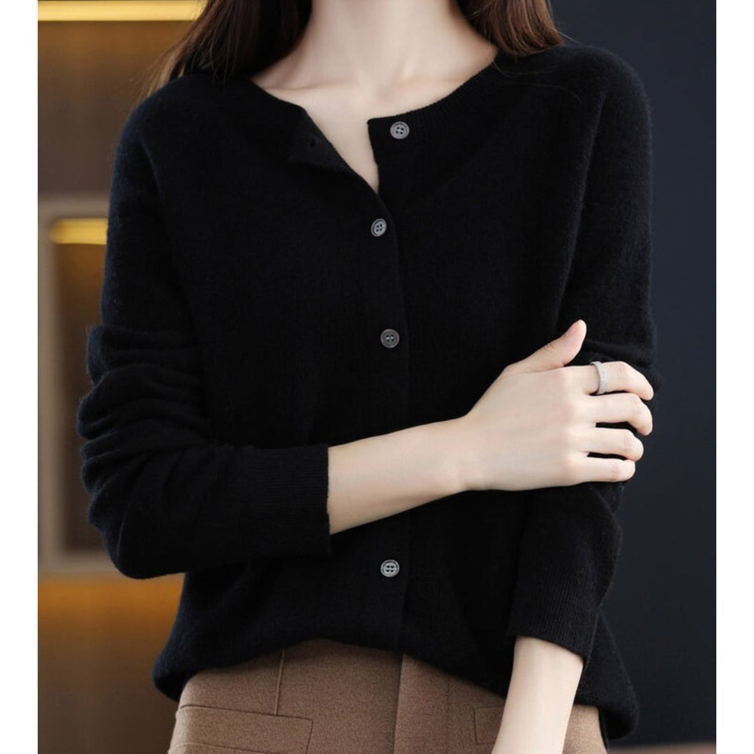 Women's Merino Wool Button-Front Knit Cardigan Sweater - Black