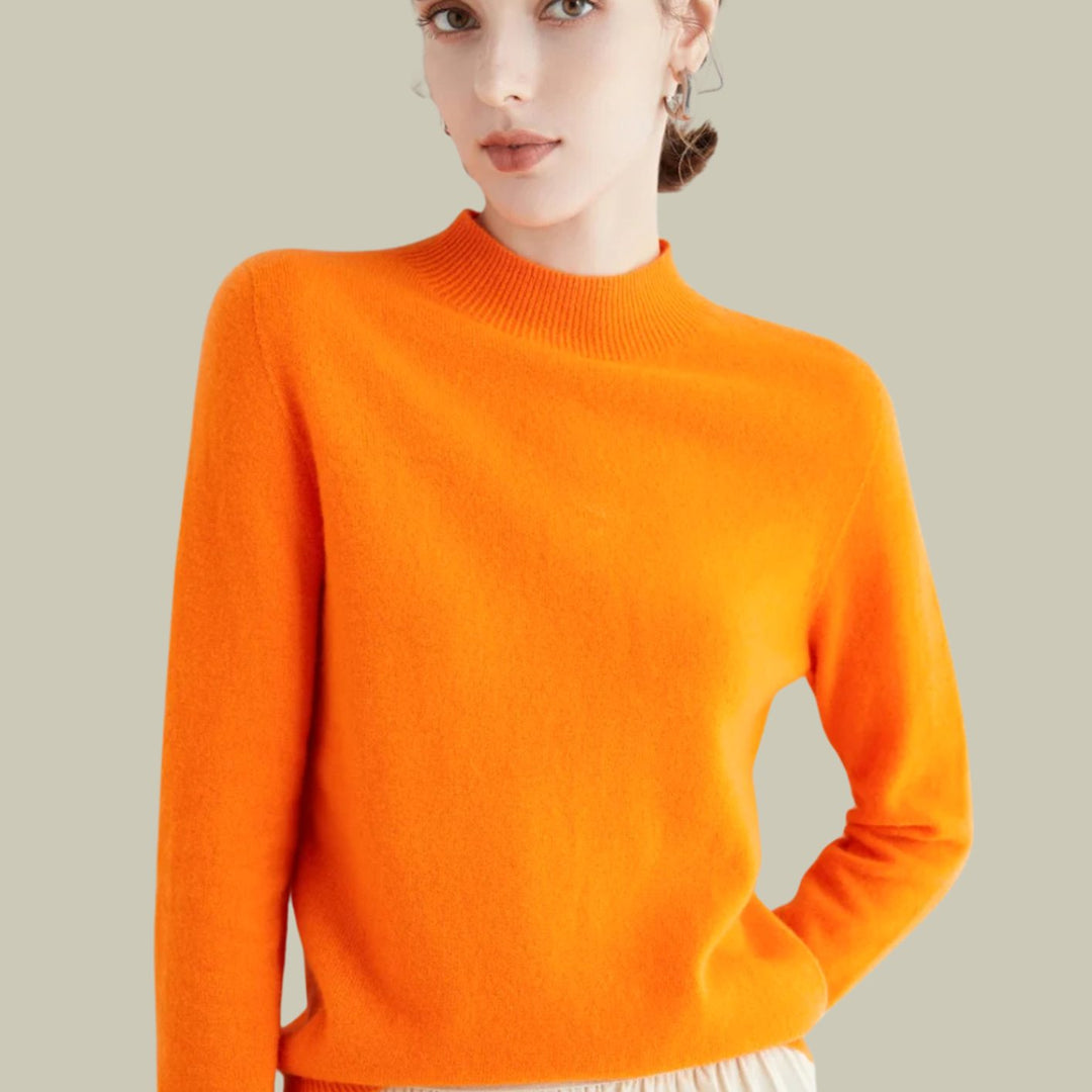 Women's Merino Wool Mock-Neck Slim-Fit Pullover Sweater - Orange