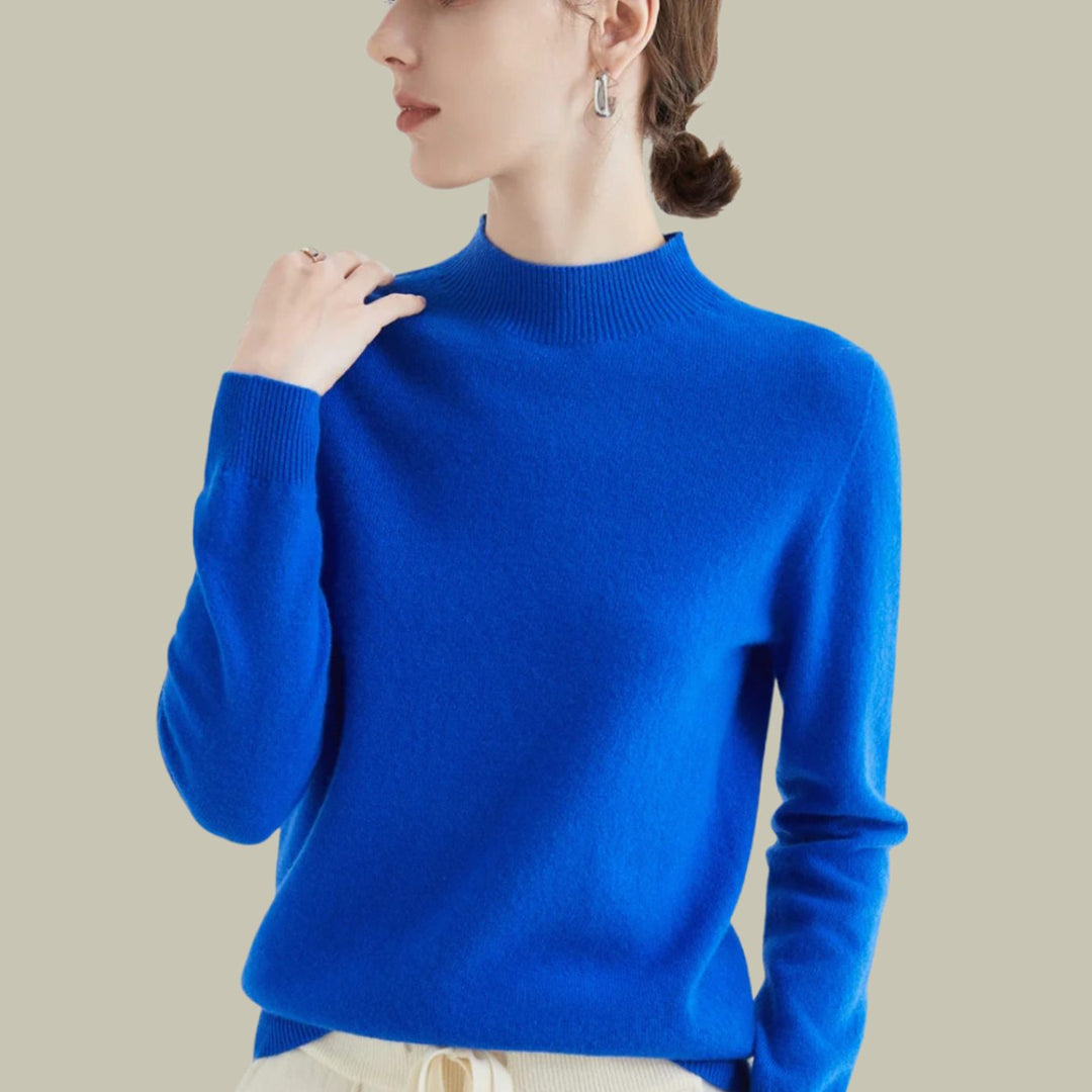 Women's Merino Wool Mock-Neck Slim-Fit Pullover Sweater - Blue