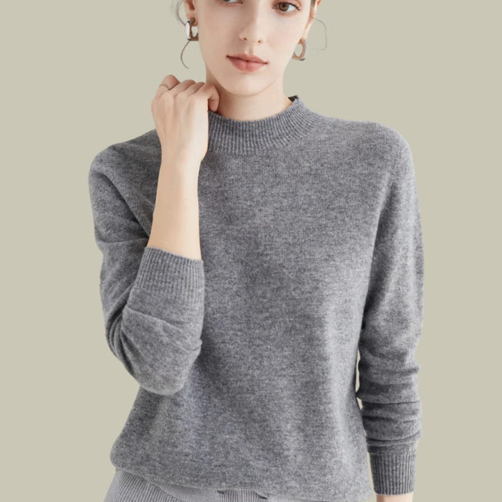 Women's Merino Wool Mock-Neck Slim-Fit Pullover Sweater - Grey