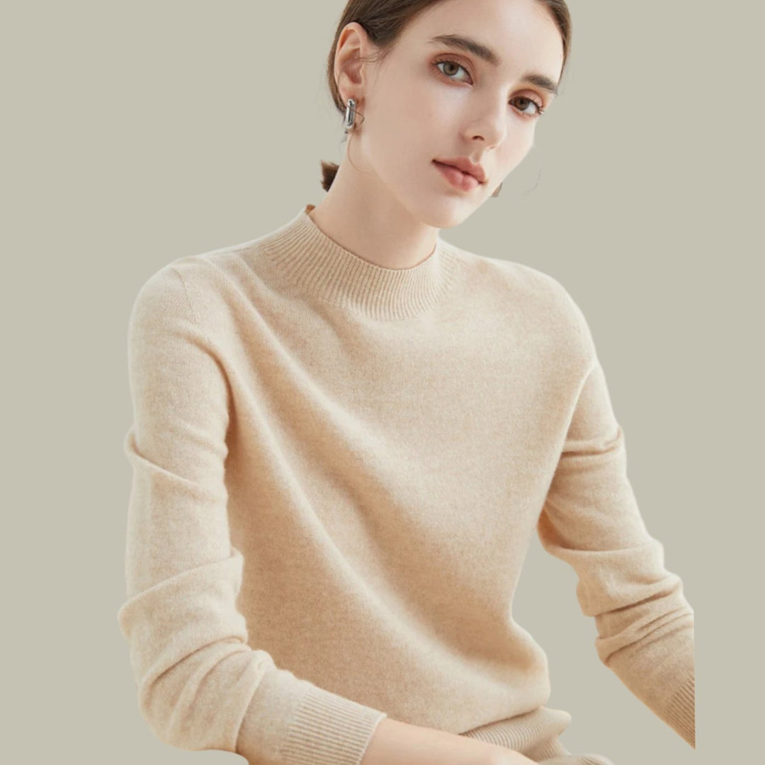 Women's Merino Wool Mock-Neck Slim-Fit Pullover Sweater - Beige