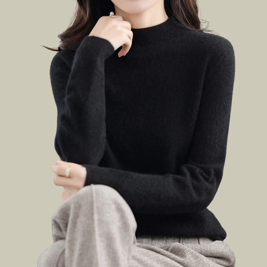Women's Merino Wool Mock-Neck Slim-Fit Pullover Sweater - Black