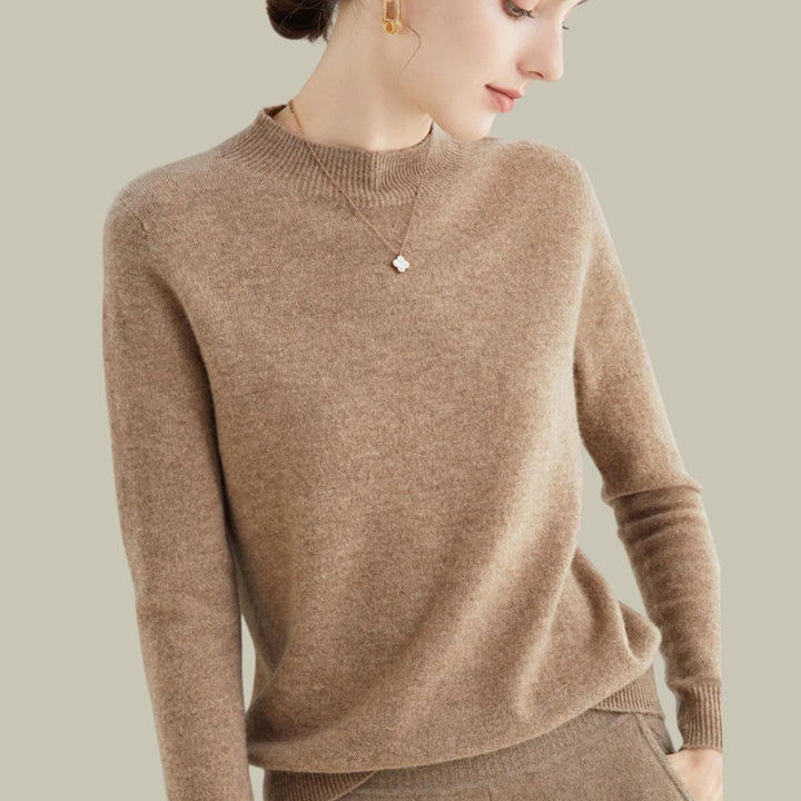 Women's Merino Wool Mock-Neck Slim-Fit Pullover Sweater - Light Tan