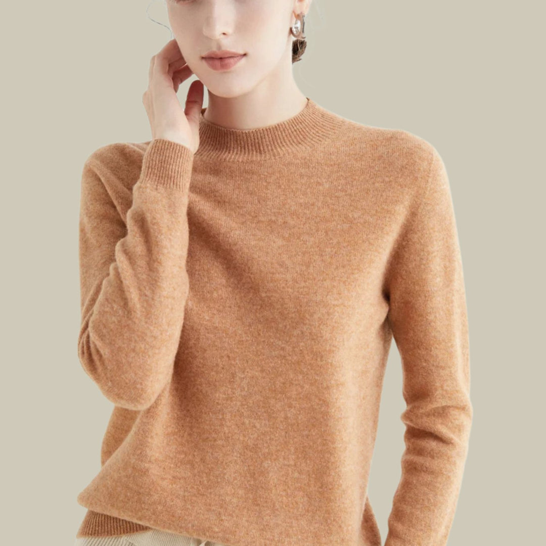 Women's Merino Wool Mock-Neck Slim-Fit Pullover Sweater - Golden Camel