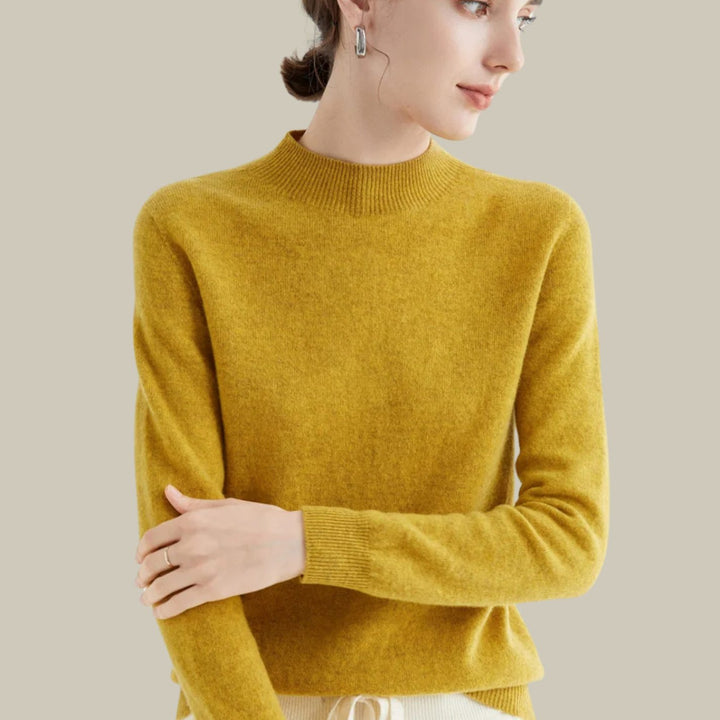 Women's Merino Wool Mock-Neck Slim-Fit Pullover Sweater - Mustard Yellow