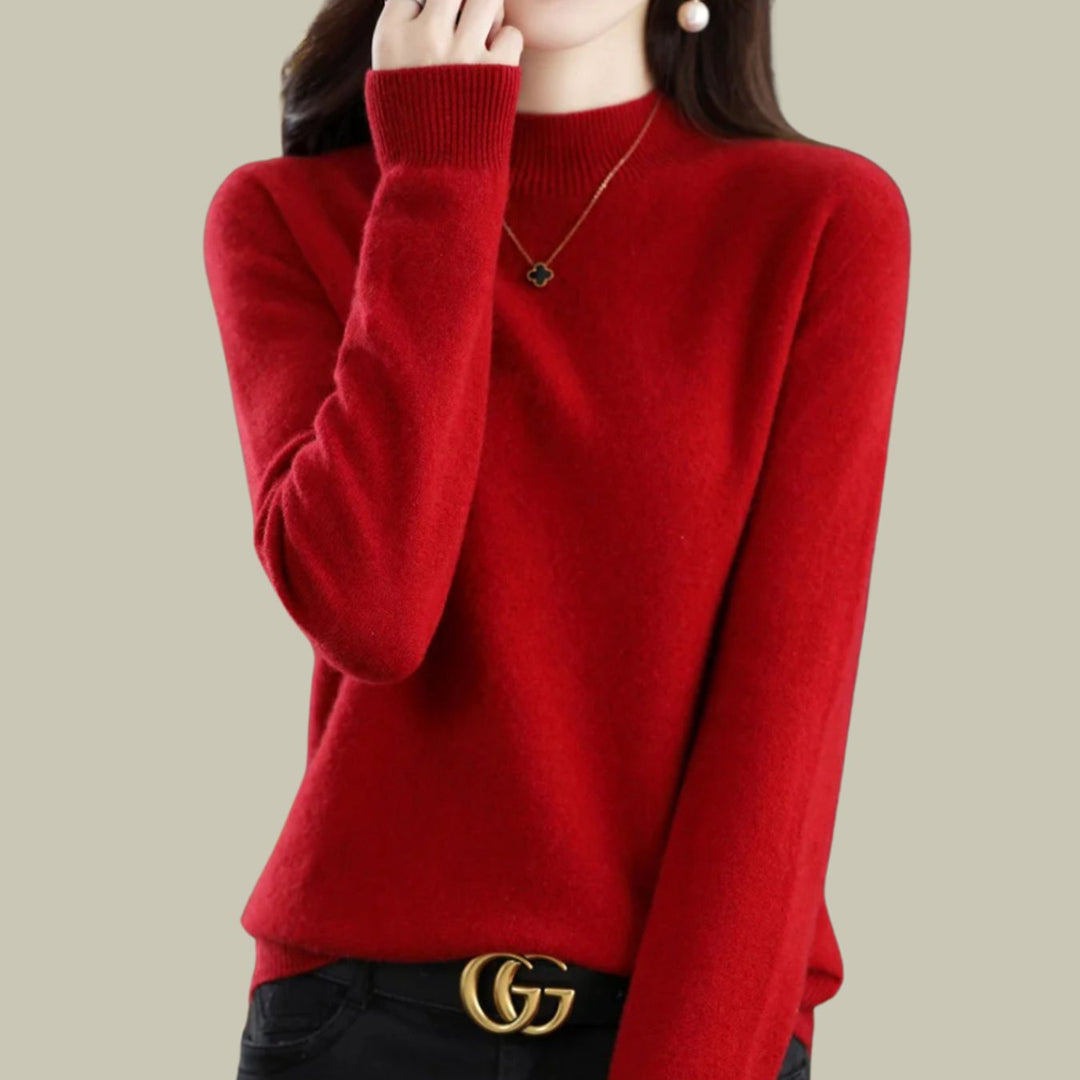 Women's Merino Wool Mock-Neck Slim-Fit Pullover Sweater - Wine Red