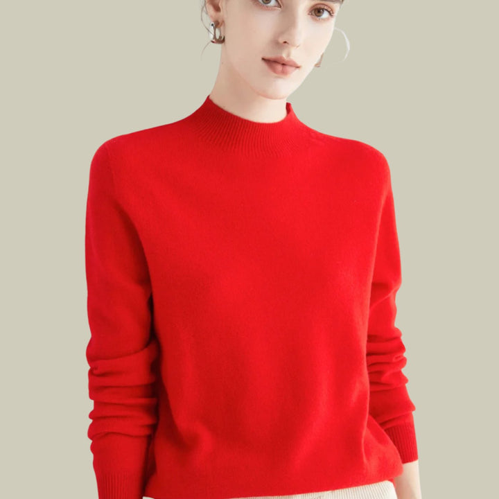 Women's Merino Wool Mock-Neck Slim-Fit Pullover Sweater - Red