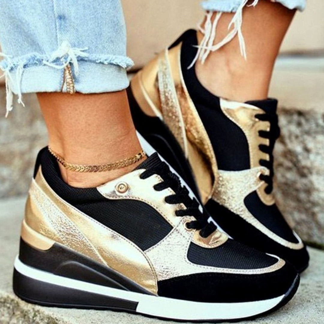 Women's Metallic Two-Tone Wedge Lace-Up Trendy Sneakers - Gold