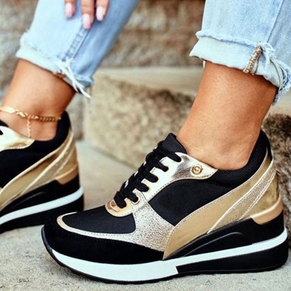 Women's Metallic Two-Tone Wedge Lace-Up Trendy Sneakers