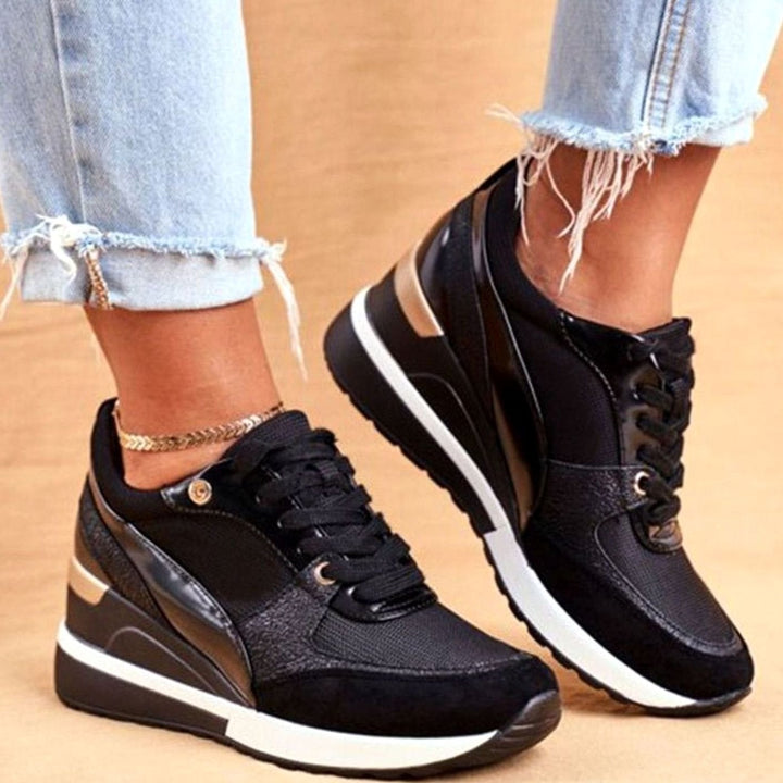 Women's Metallic Two-Tone Wedge Lace-Up Trendy Sneakers