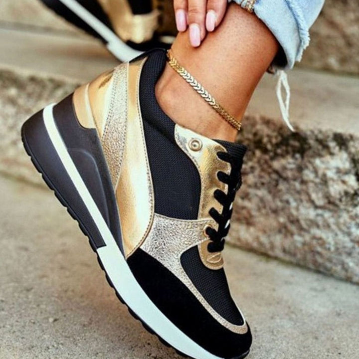 Women's Metallic Two-Tone Wedge Lace-Up Trendy Sneakers