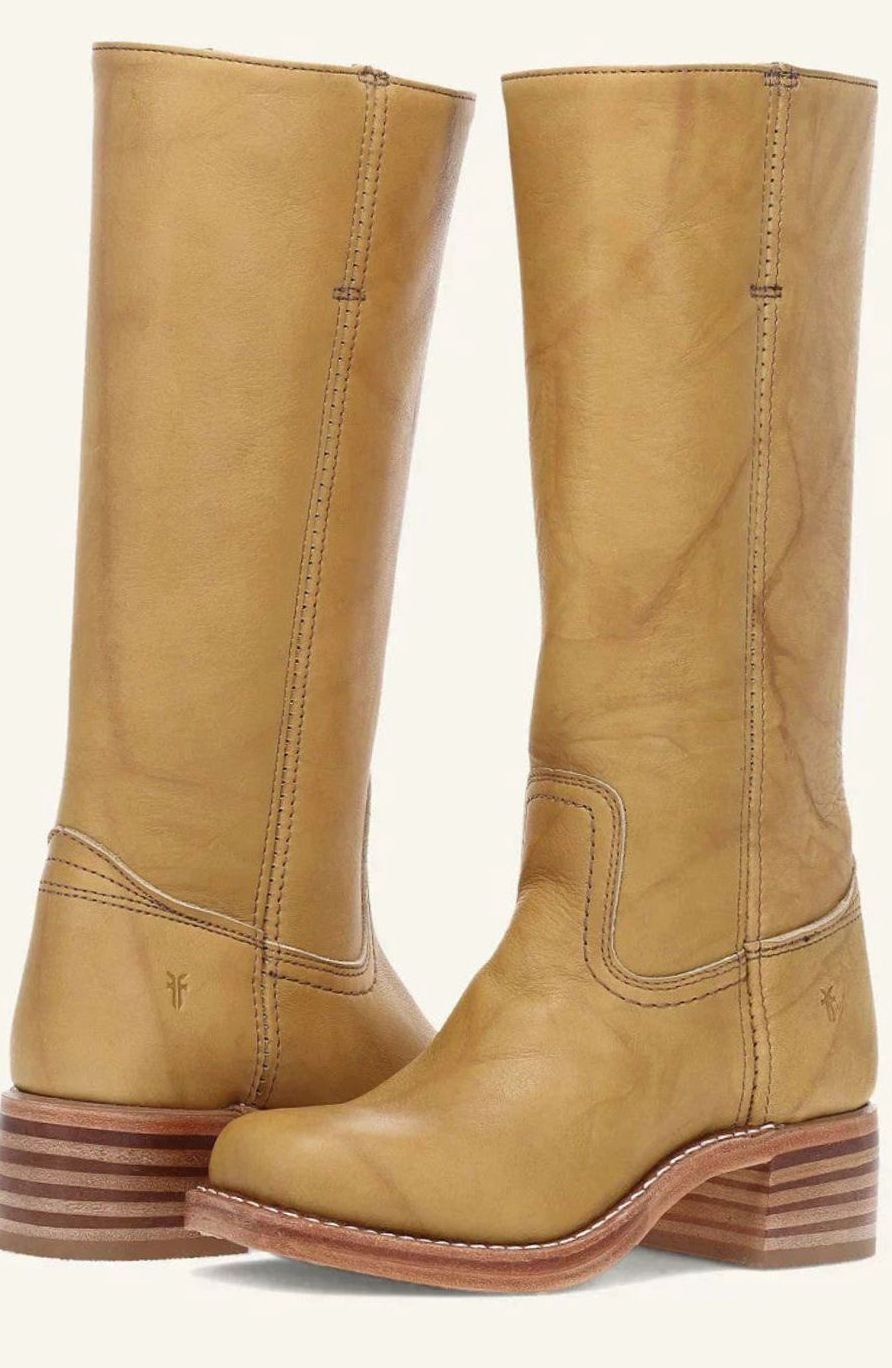 Women's Mid-Calf Leather Western Boots Stacked Block Heel - Yellow
