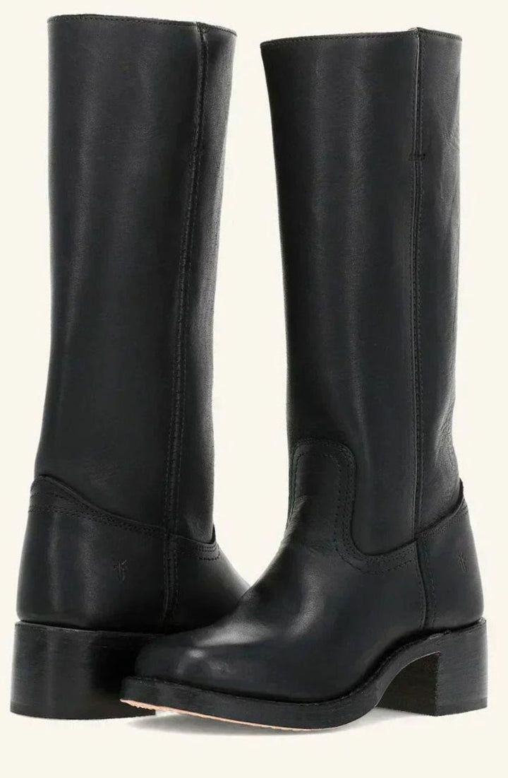 Women's Mid-Calf Leather Western Boots Stacked Block Heel - Black